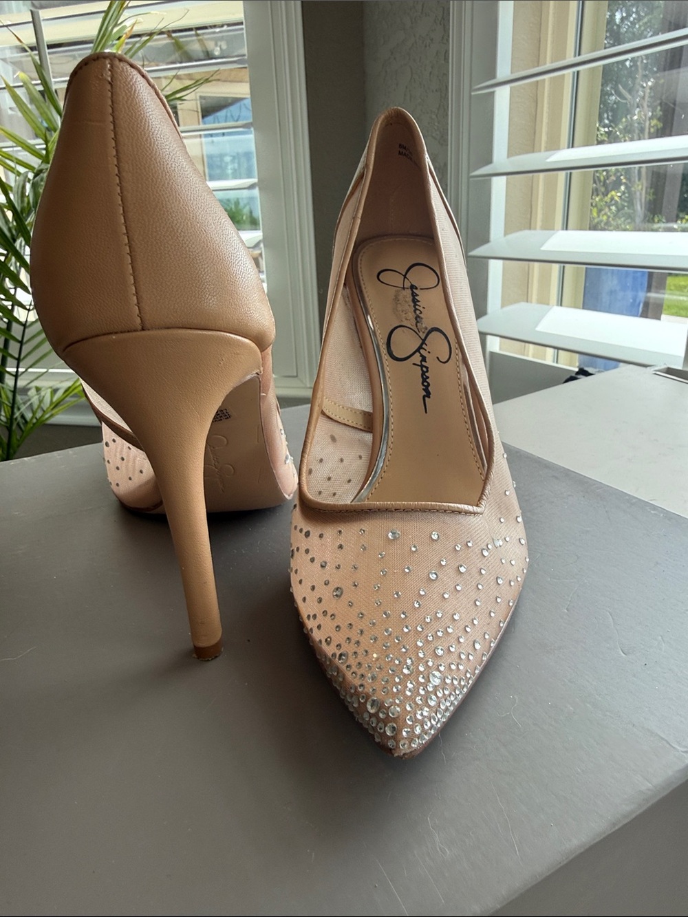 Jessica Simpson Nude Crystal Pointed-Toe Stiletto Pumps, Mesh
